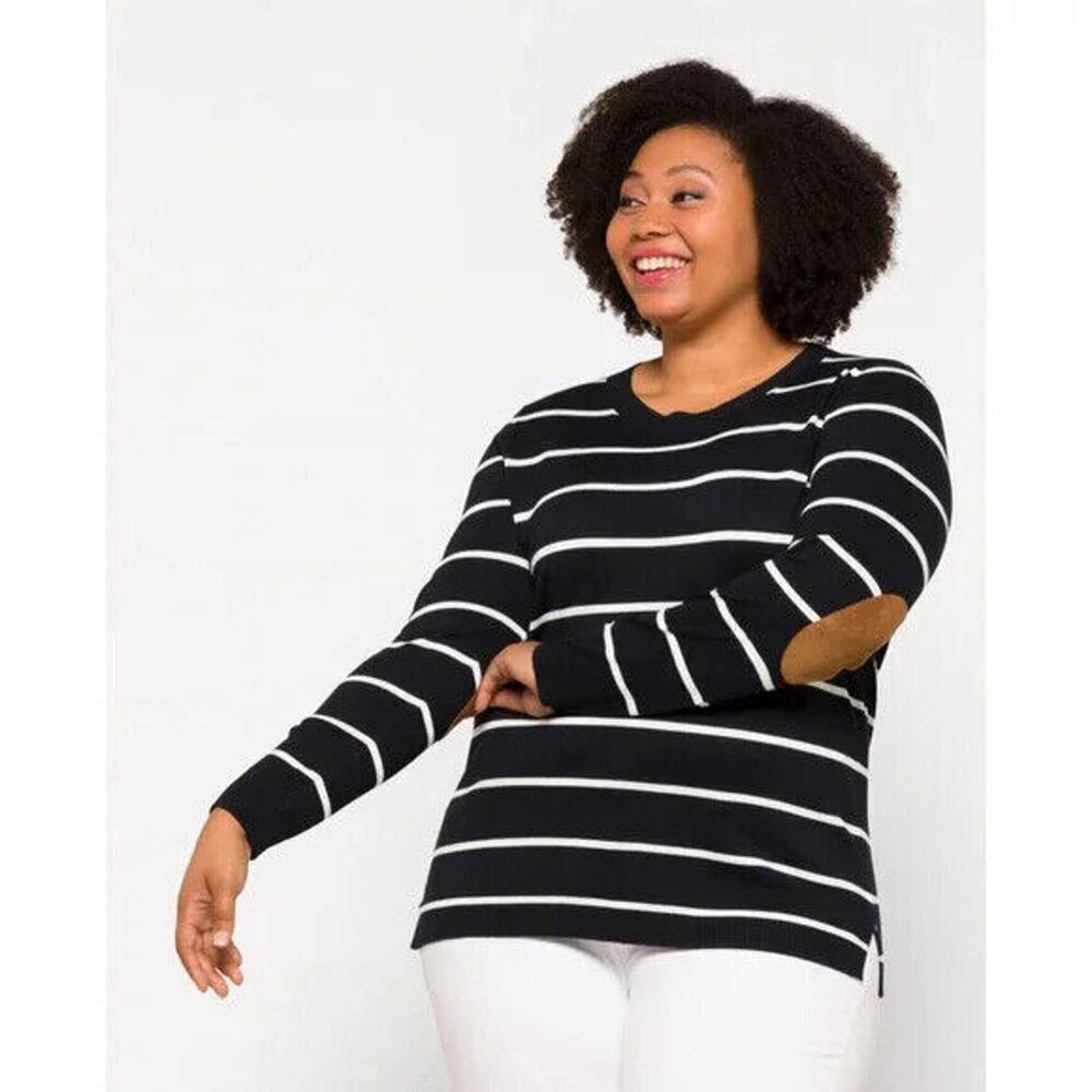 Market & Spruce Black & White Striped Crewneck Sweater with Elbow Patches